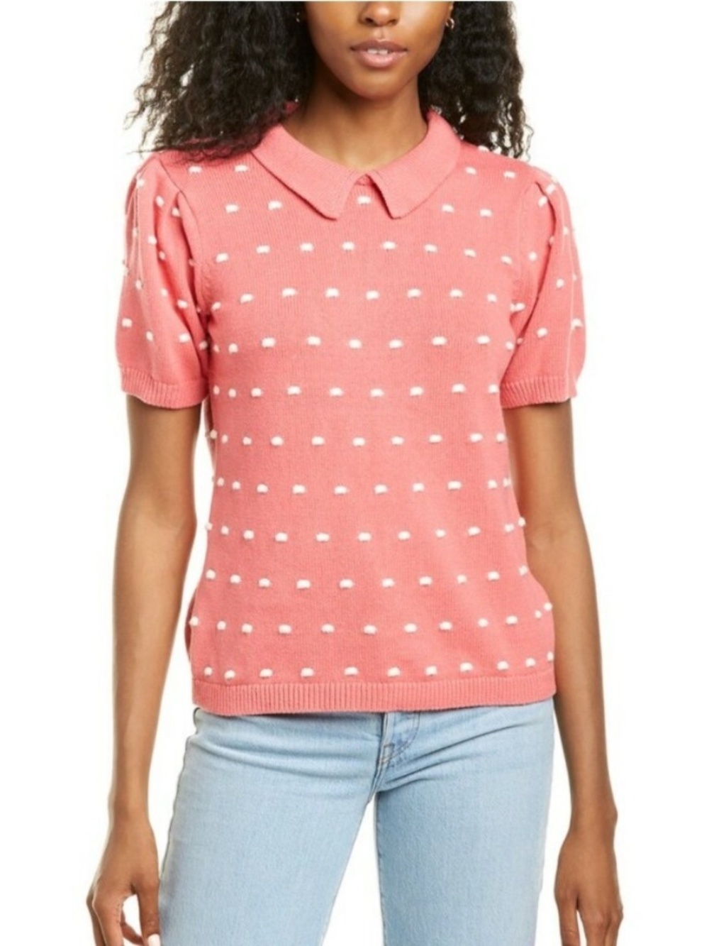CeCe Pink & White Dot Collared Sweater Top | XS | Short Sleeve